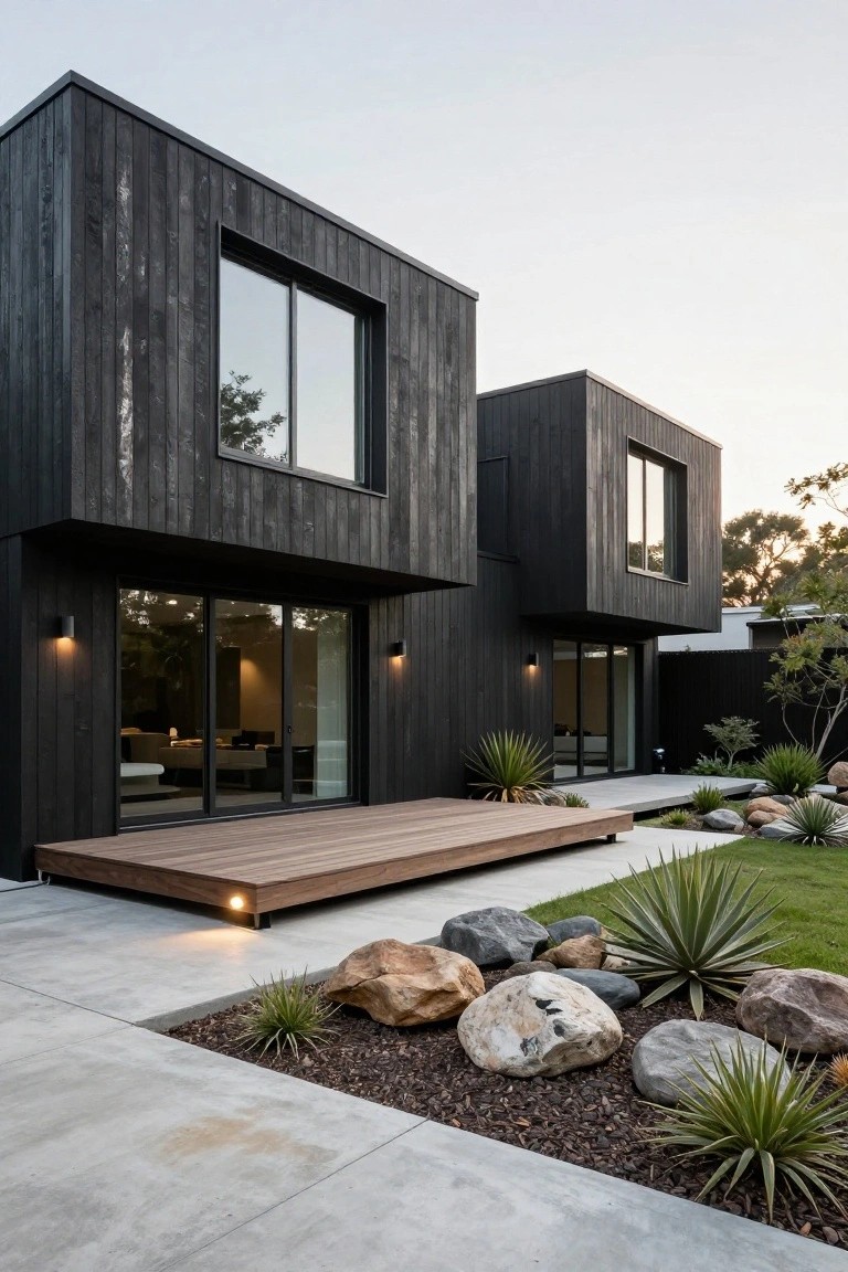 Modern two-volume house clad in black vertical wood planks with large windows and sliding glass doors opening to a raised wooden deck, adjacent landscaped area with boulders, agave plants, and lawn beside a concrete path.