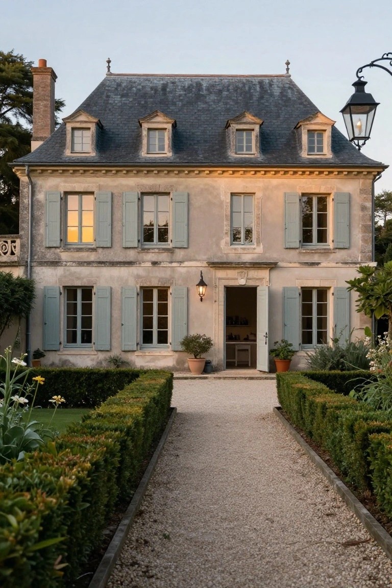 Two-story beige stone house with slate mansard roof, blue shutters on tall windows, open front door with lanterns, and gravel pathway bordered by low boxwood hedges leading through a formal garden.