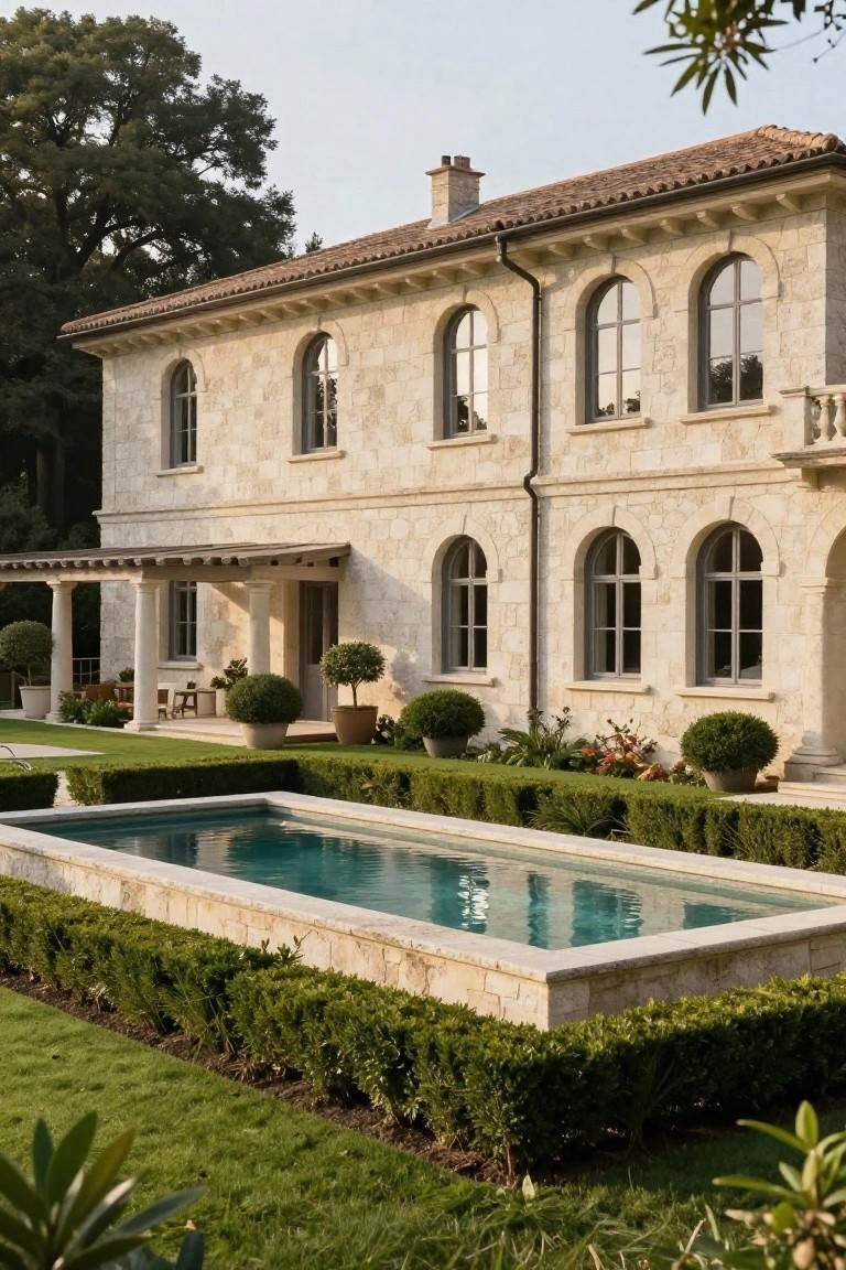 Light beige stone villa exterior with terracotta tile roof, arched windows, columned covered porch, rectangular turquoise pool with matching stone edging and boxwood hedges, manicured lawn, potted plants, and trees.