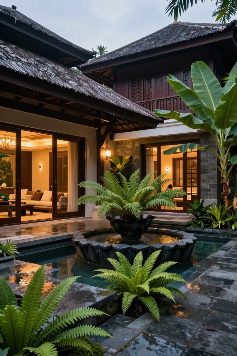 Balinese-style villa courtyard with a central black stone fountain surrounded by large green ferns, tropical plants like banana trees, stone paving, and adjacent buildings with open sliding glass doors and lanterns in dusk lighting.