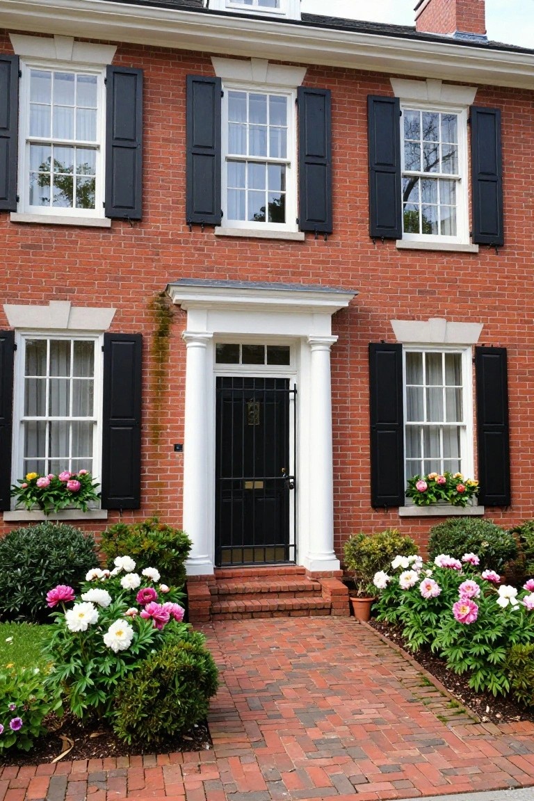 Red brick colonial house with black shutters, white door, and colorful flower garden.