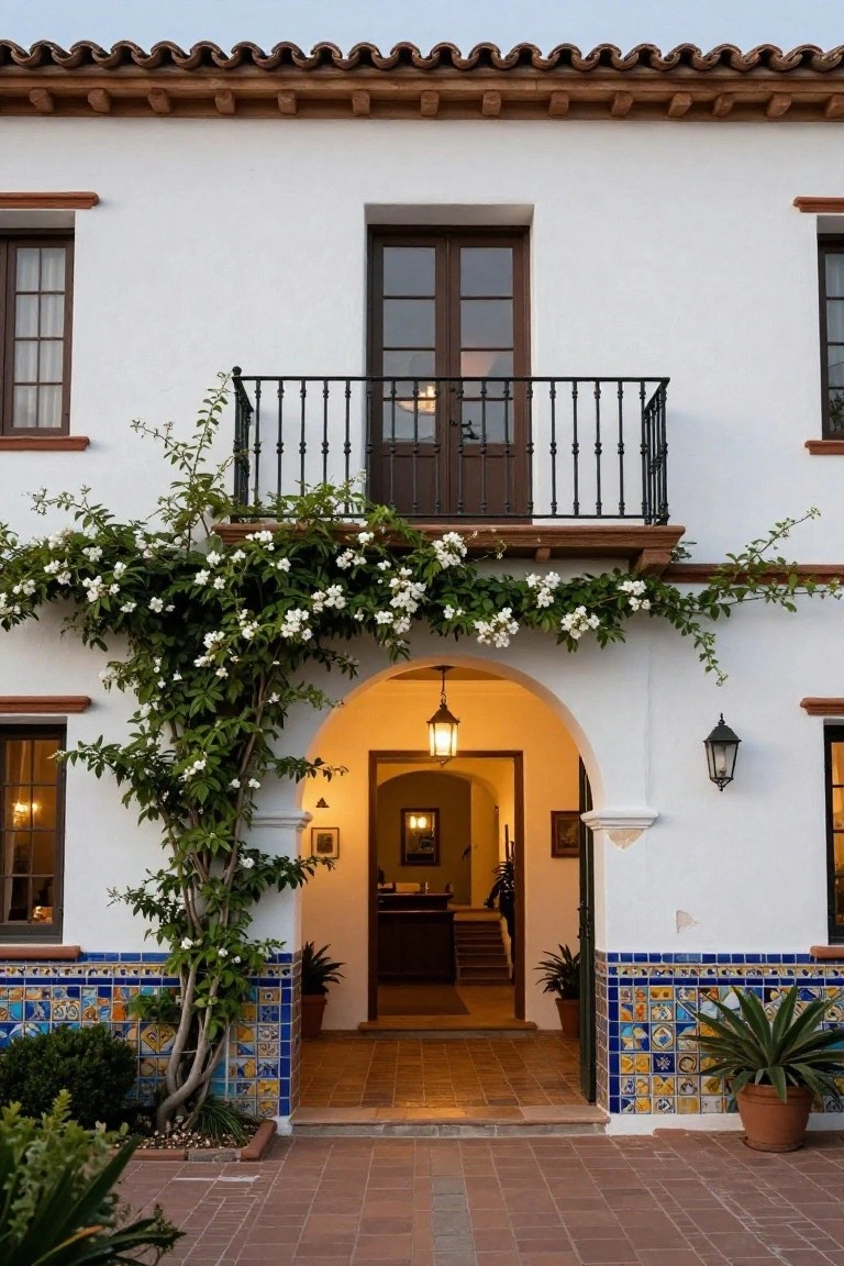 White stucco house exterior with red tile roof, arched entryway draped in white flowering vines, wrought iron balcony above, colorful tile accents at the base, and potted plants flanking the terracotta tile pathway.