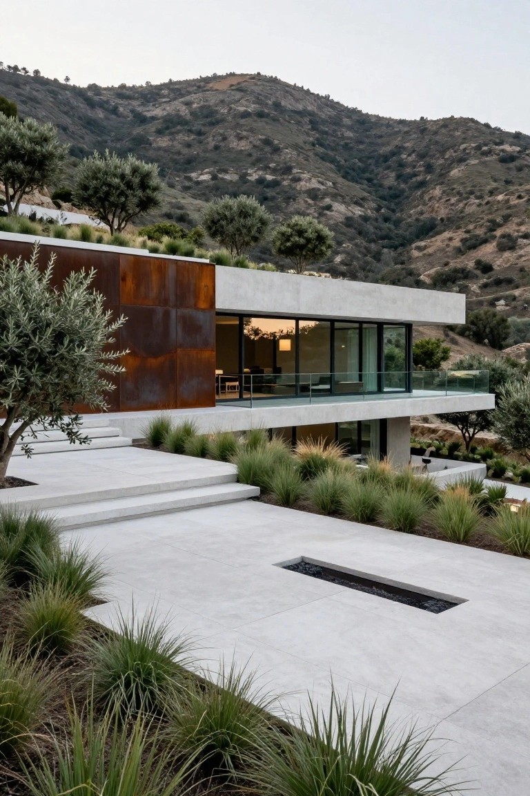 Modern concrete villa on a hillside with corten steel wall panels, large glass windows, steps and concrete pathway flanked by grasses and olive trees.