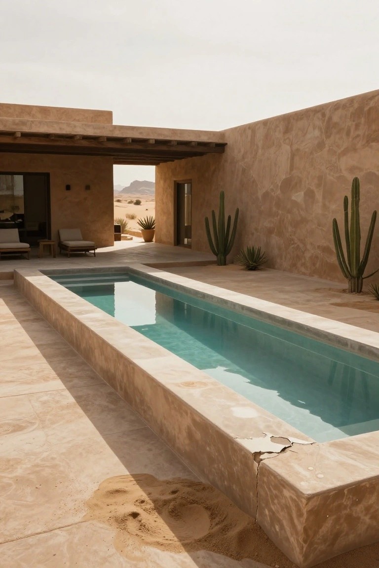 Desert villa courtyard with turquoise pool, cacti, and distant mountains.