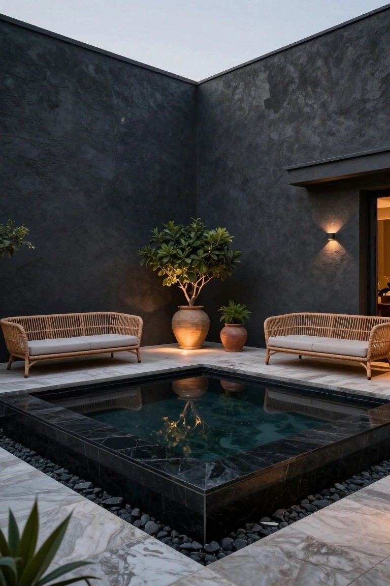 Modern courtyard with reflecting pool, woven sofas, and potted plants at dusk.