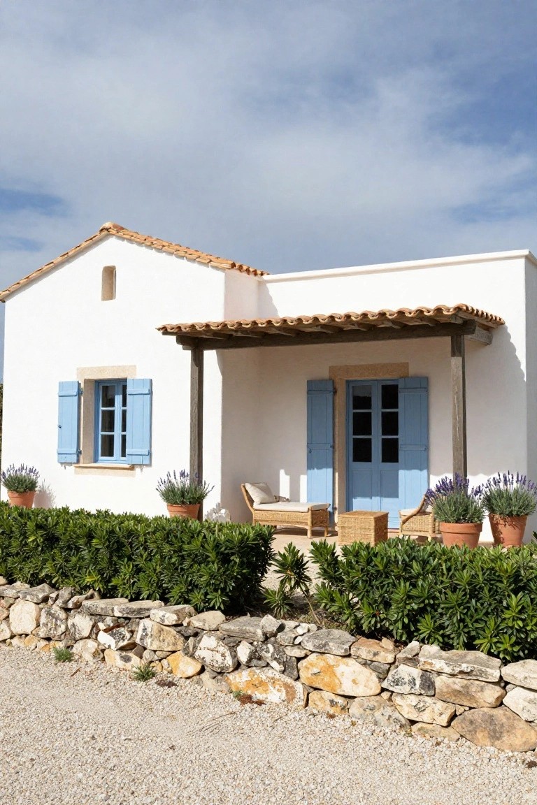 White stucco single-story house with terracotta tile roof, blue shutters on windows and double door under wooden-post covered porch, boxwood hedge and lavender pots along stone boundary wall next to gravel driveway