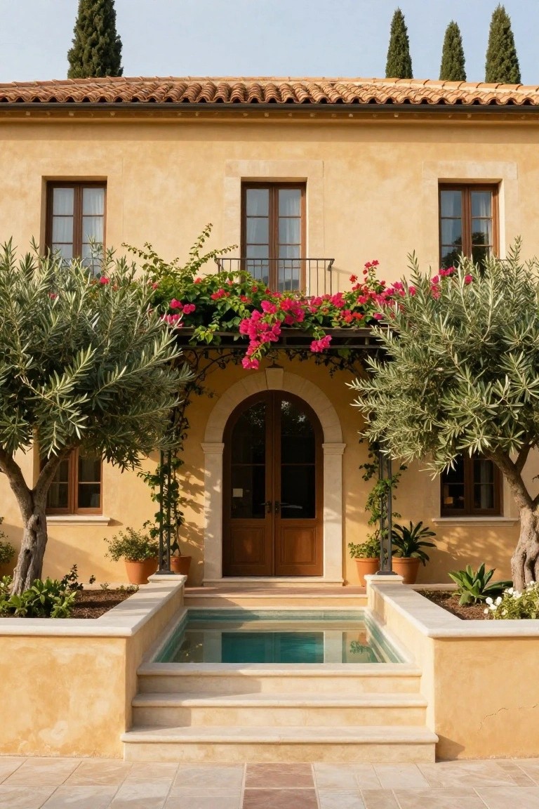 Ochre stucco house exterior with terracotta tile roof, arched double wooden doors, symmetrical olive trees on either side, bougainvillea draping balcony above entry, small turquoise pool at base of stone steps, potted plants and cypress trees in background.