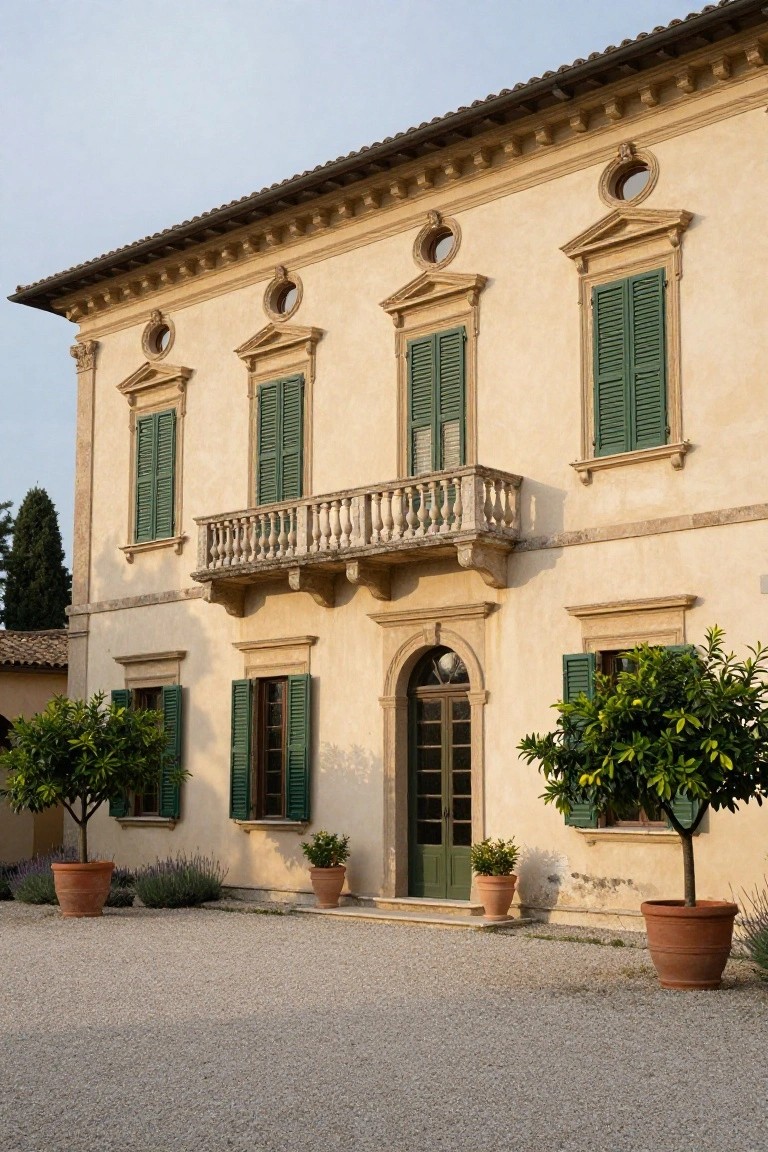Beige stucco villa exterior with green shutters on windows, central stone balcony above double entry doors, flanked by large potted citrus trees on gravel courtyard.
