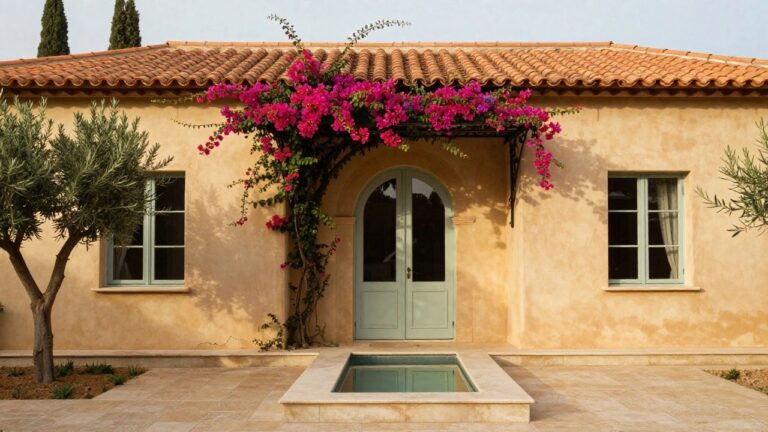 Ochre stucco house exterior with terracotta tile roof, arched double wooden doors, symmetrical olive trees on either side, bougainvillea draping balcony above entry, small turquoise pool at base of stone steps, potted plants and cypress trees in background.