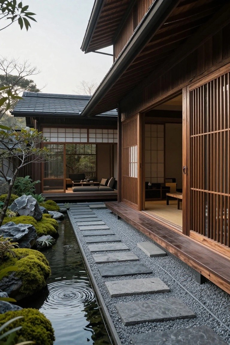 Traditional Japanese house with stepping stones over a tranquil garden pond.