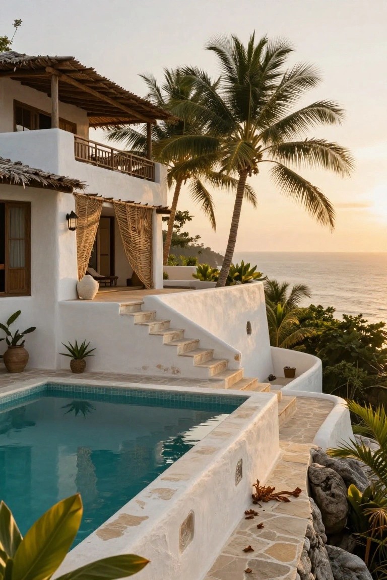 White stucco villa with thatched roof sections and wooden details perched on a rocky hillside, featuring an infinity-edge pool, stone steps, tropical plants, and ocean view at sunset.
