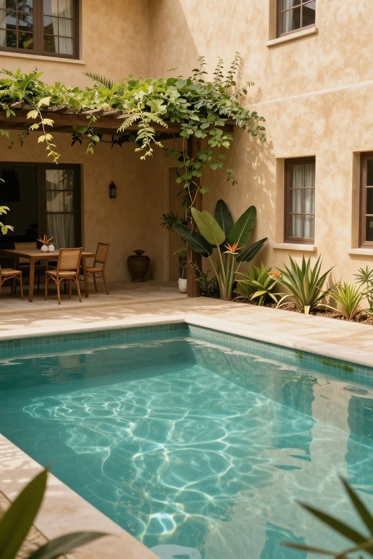 Beige stucco house corner with vine-covered pergola over wooden dining table and chairs, tropical plants including bird of paradise and agaves bordering a turquoise tiled pool.