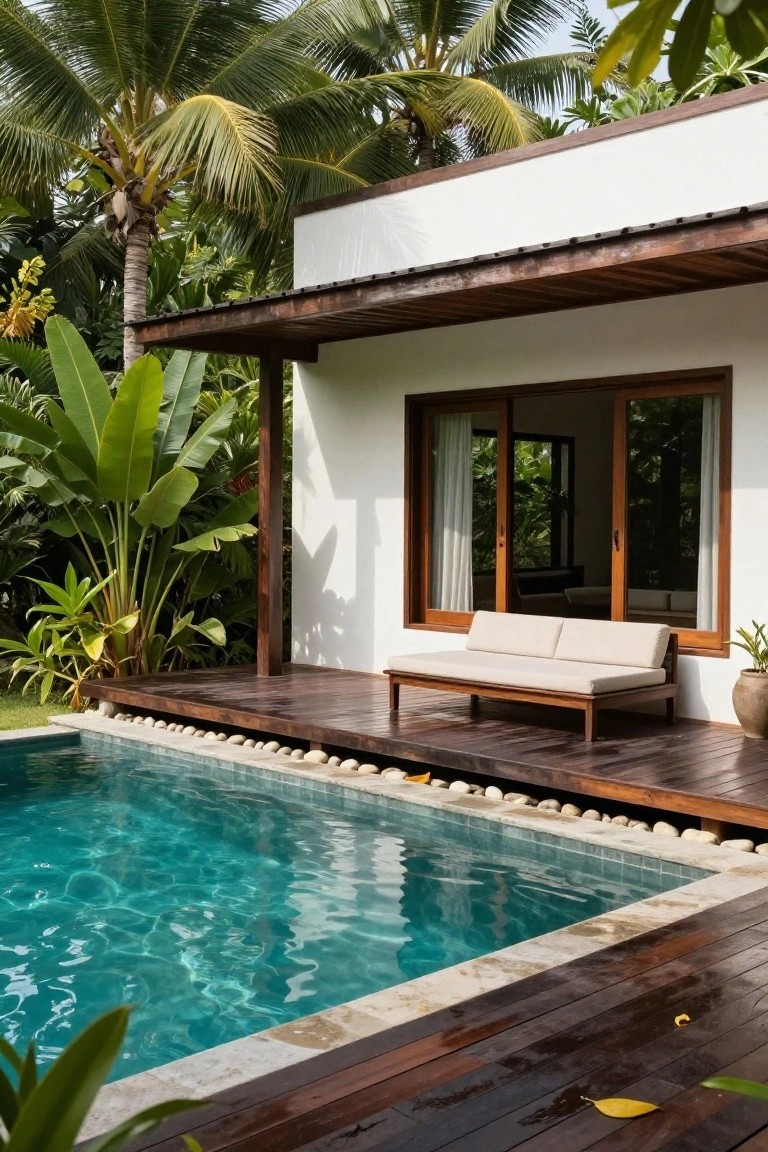 White stucco tropical villa with dark wood deck, beige daybed, turquoise plunge pool edged in pebbles, and surrounding lush green plants and palms.
