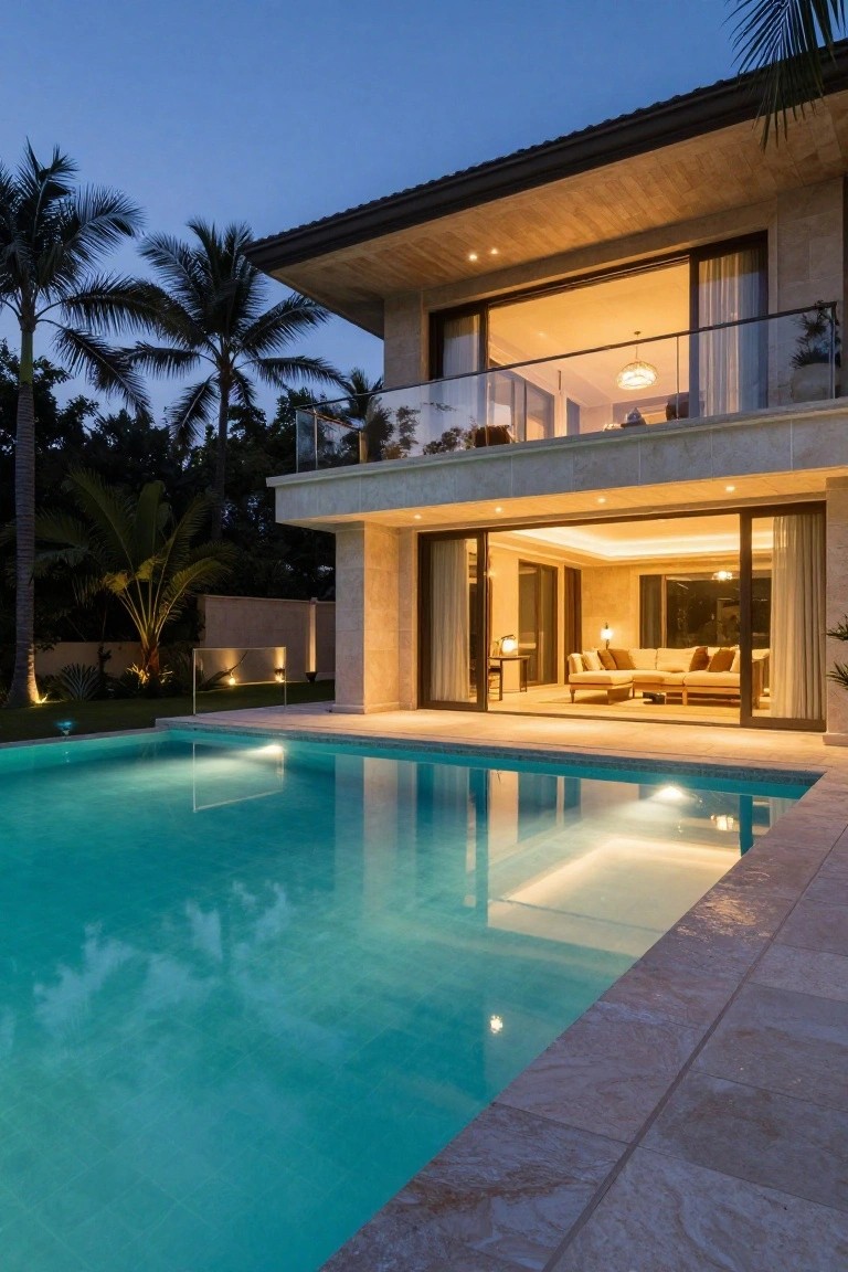 Dusk view of a two-story beige stone villa with wooden roof overhang, large open glass doors from living room to turquoise infinity pool, palm trees, and warm interior lights.