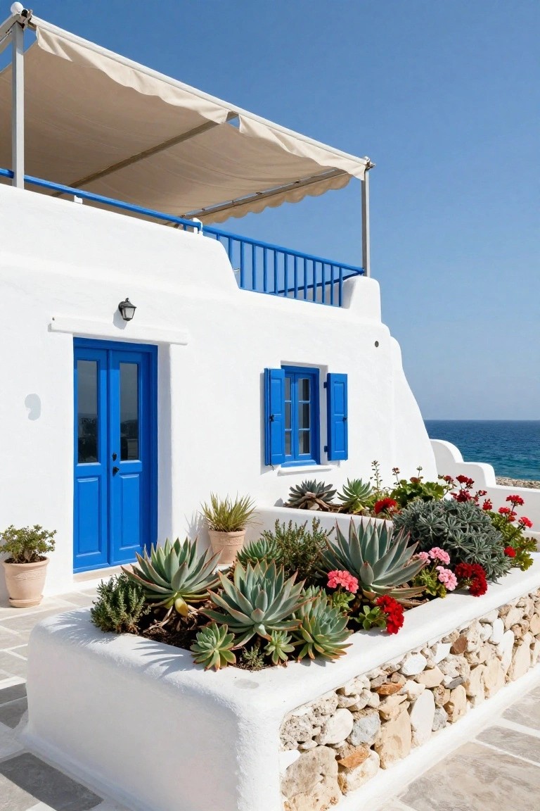 White Mediterranean building with blue doors, balcony, and vibrant garden overlooking sea.