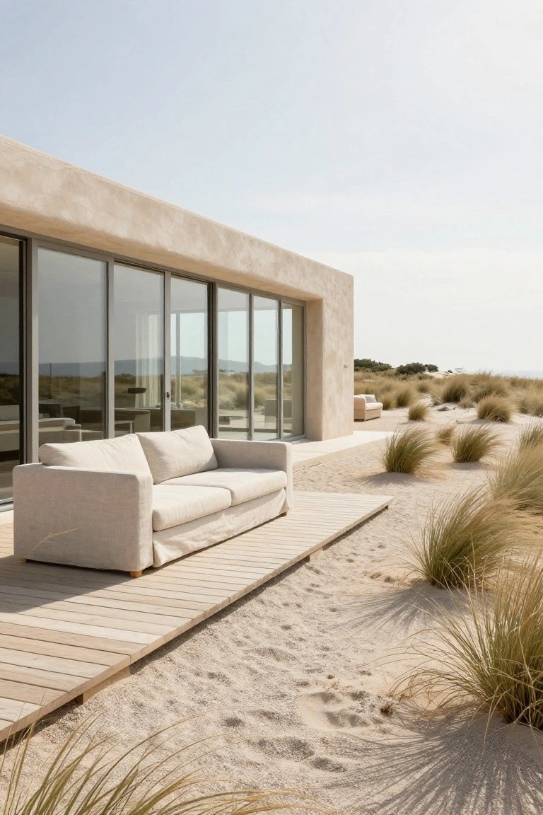 Beige stucco modern house with large sliding glass doors next to a raised wooden deck holding a white fabric sofa, set amid sand and tall dune grasses.