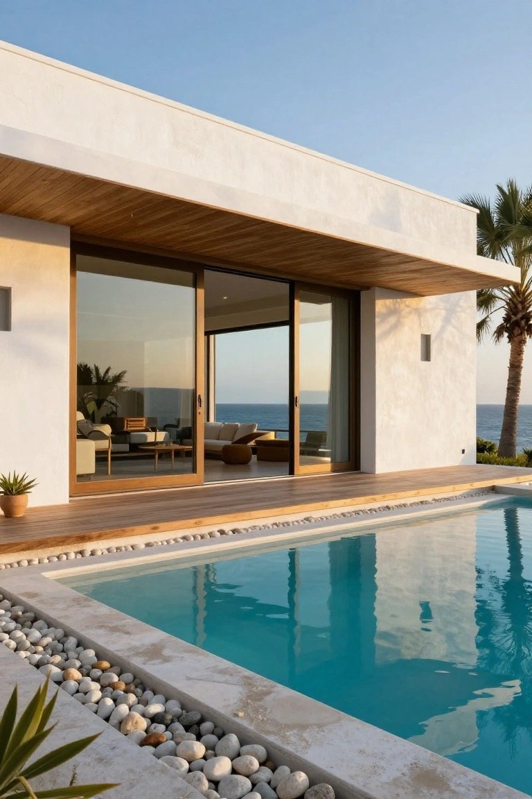 White stucco modern house exterior with wooden overhang over deck adjacent to infinity-edge pool with pebble border and stone coping, large open wood-framed sliding glass doors, potted plants, palm trees, and ocean view in background.