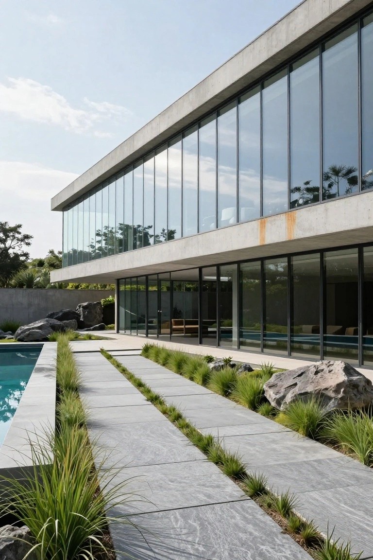 Modern concrete villa exterior with extensive glass walls, swimming pool, gray stone paver pathway featuring grass-filled joints, tall grasses, and large boulders alongside.