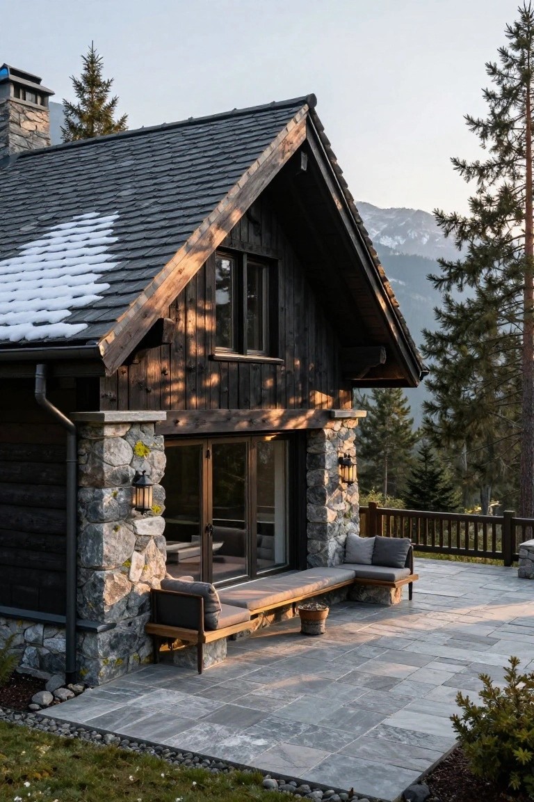 Side view of a chalet cabin featuring dark wood siding, stone pillars and base, snow-dusted black slate roof, large glass doors onto a gray stone patio with built-in benches, flanked by pine trees and distant mountains.