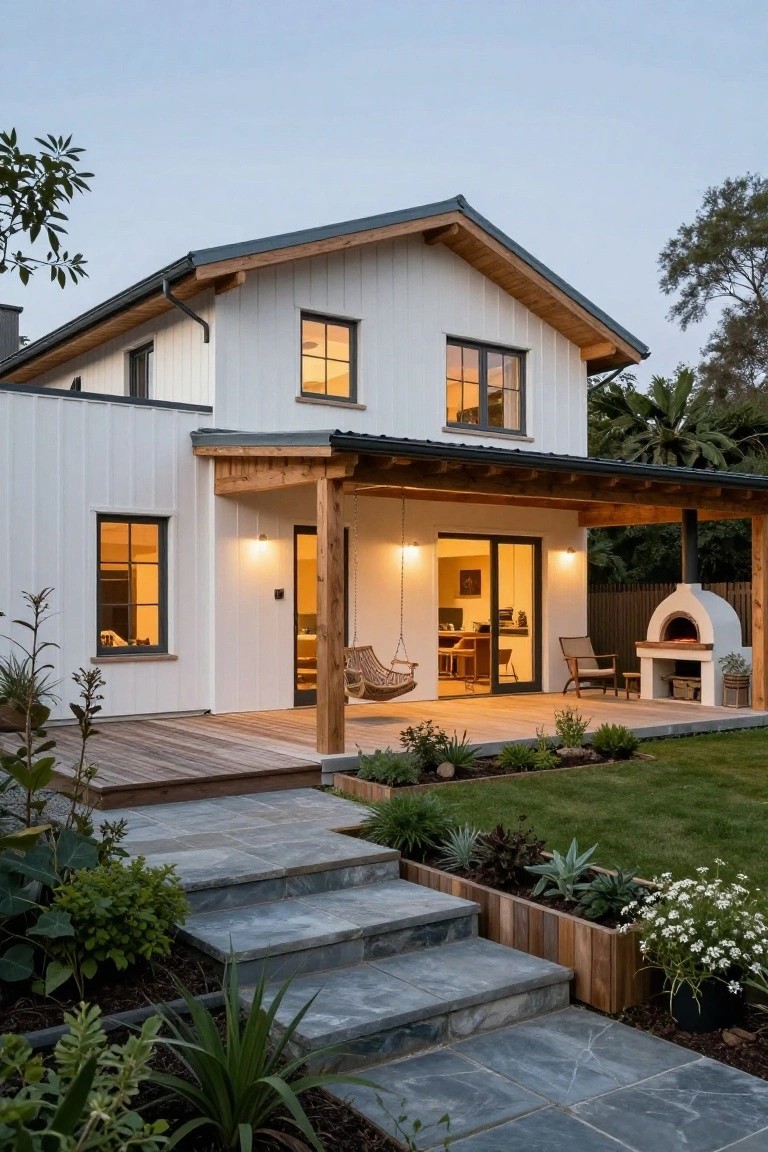 White shiplap house with dark metal roof, covered porch supported by wooden beams and posts, hanging swing, sliding glass doors, wood-fired pizza oven on deck, stone steps, raised planters, and landscaped yard at dusk.
