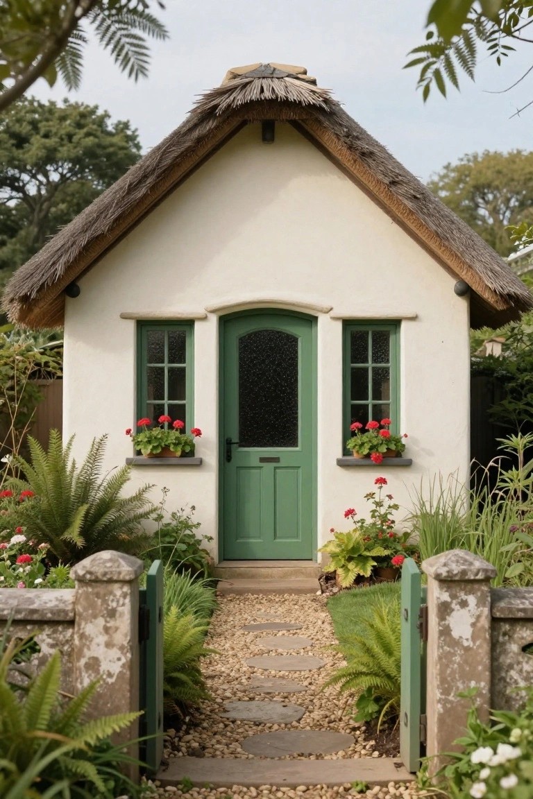 Charming thatched cottage with green door and flower-lined pebble path.