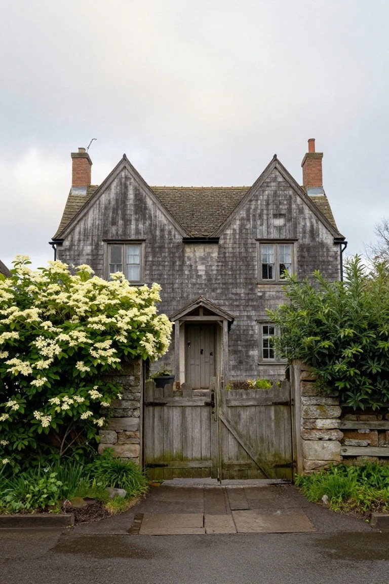 Weathered gray shingle cottage with gabled roof and brick chimneys stands behind a wooden gate in a stone wall, flanked by large white-flowering shrubs and green plants along a stone path on wet pavement under cloudy skies.
