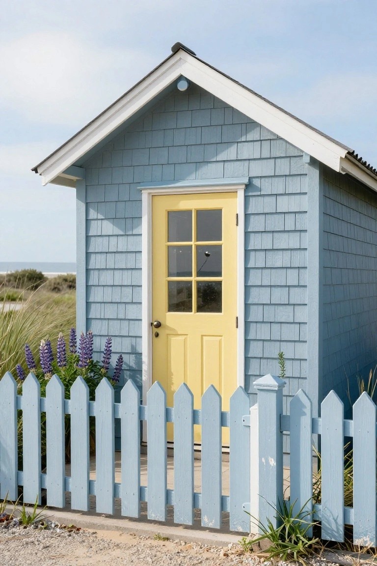 Small blue shingled cottage with gabled roof, yellow door with glass panels, white trim, blue picket fence, purple lupine flowers, and beach dunes in background.