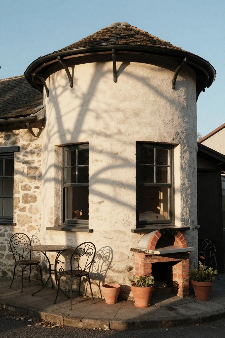 Curved white-plastered stone wall of a cottage with two black-framed windows, a built-in brick pizza oven on a paved terrace, wrought iron table and chairs, and terracotta pots with plants.