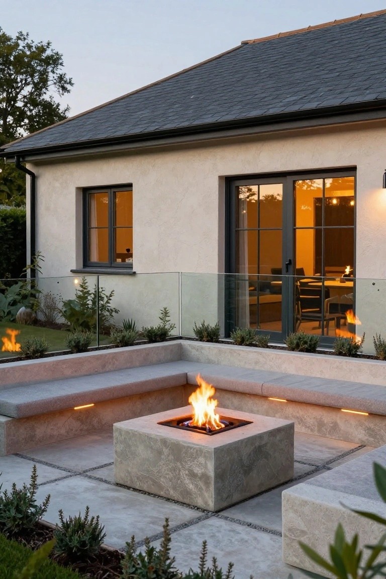 Modern patio next to a beige stucco house with dark slate roof, featuring a central square concrete gas fire pit surrounded by built-in benches, glass railing, and drought-tolerant plants at dusk.