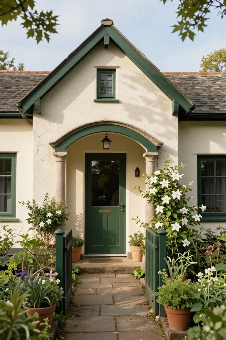 Cream stucco cottage exterior with green trim and slate roof, featuring an arched entryway supported by stone columns covered in white climbing flowers, a green front door, potted plants along a stone pathway, and a small green gate.