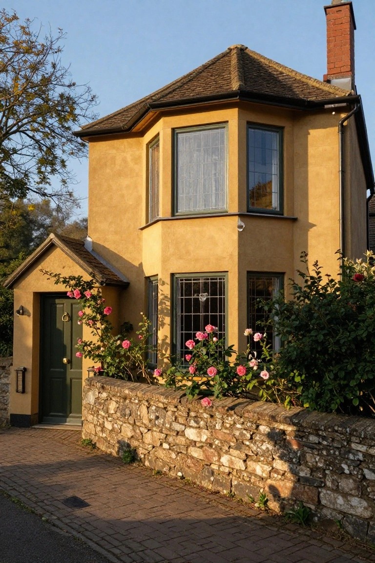 Ochre rendered cottage with green front door, climbing pink roses on porch and stone wall, bay windows, tiled roof, and brick pathway.
