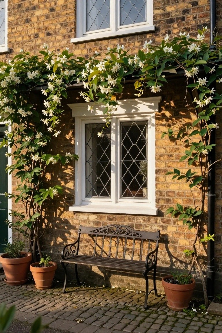 Brick cottage wall with white flowering vines climbing around leaded windows, a wrought-iron bench below, and terracotta pots on cobblestone paving.