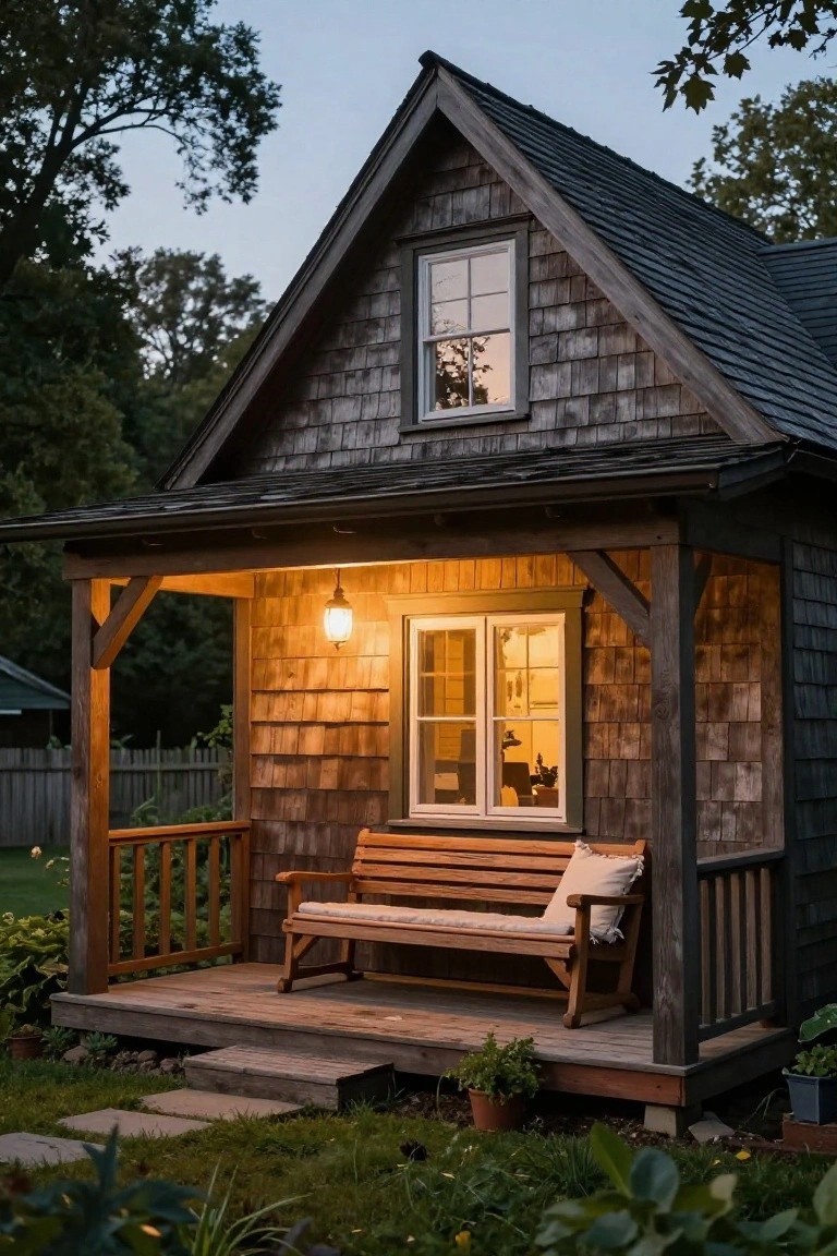 Small gabled cottage with dark shingle siding, covered front porch featuring wooden bench and pillow, hanging lantern light, glowing windows, garden plants, and stone steps at dusk.