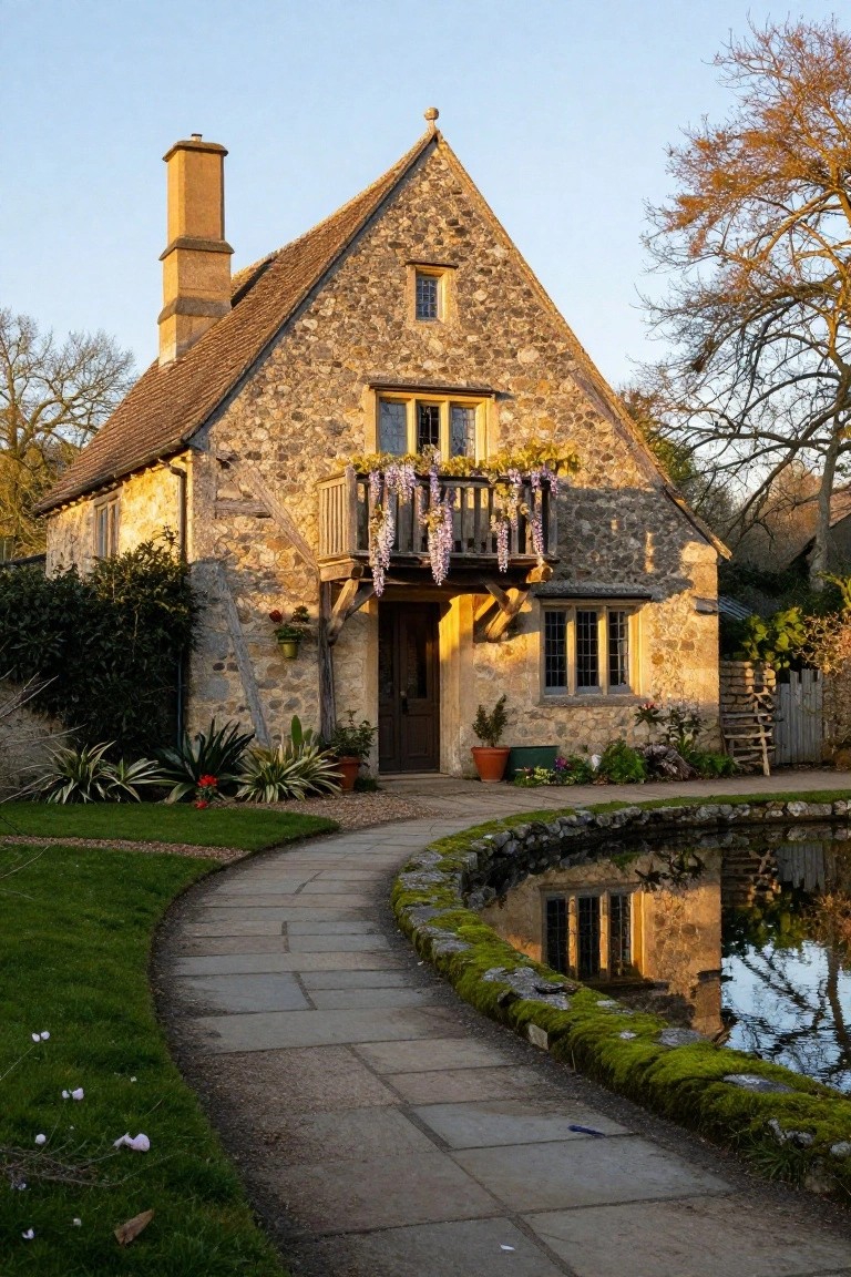 Stone cottage with balcony and pond reflecting golden sunlight.
