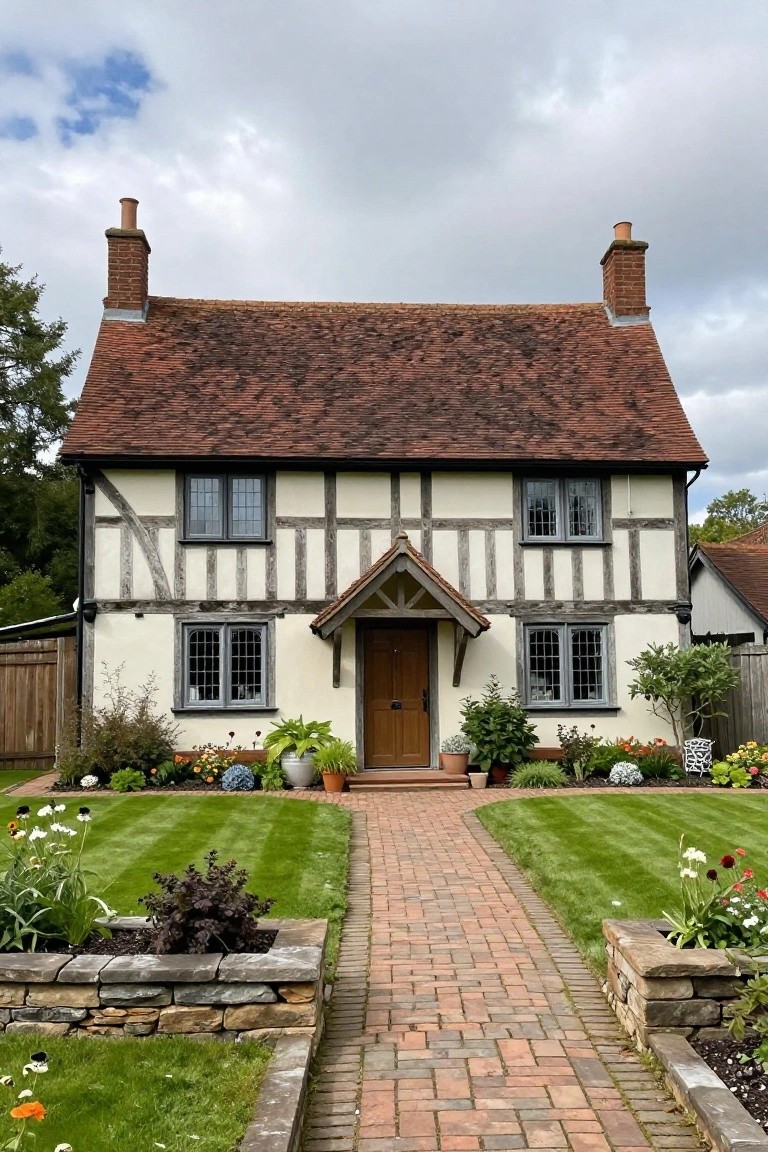 Two-story cottage with white plaster walls and dark timber framing, red tiled roof, brick chimneys, leaded windows, small gabled porch over wooden front door, curved brick pathway through lawn flanked by flower beds and stone walls.