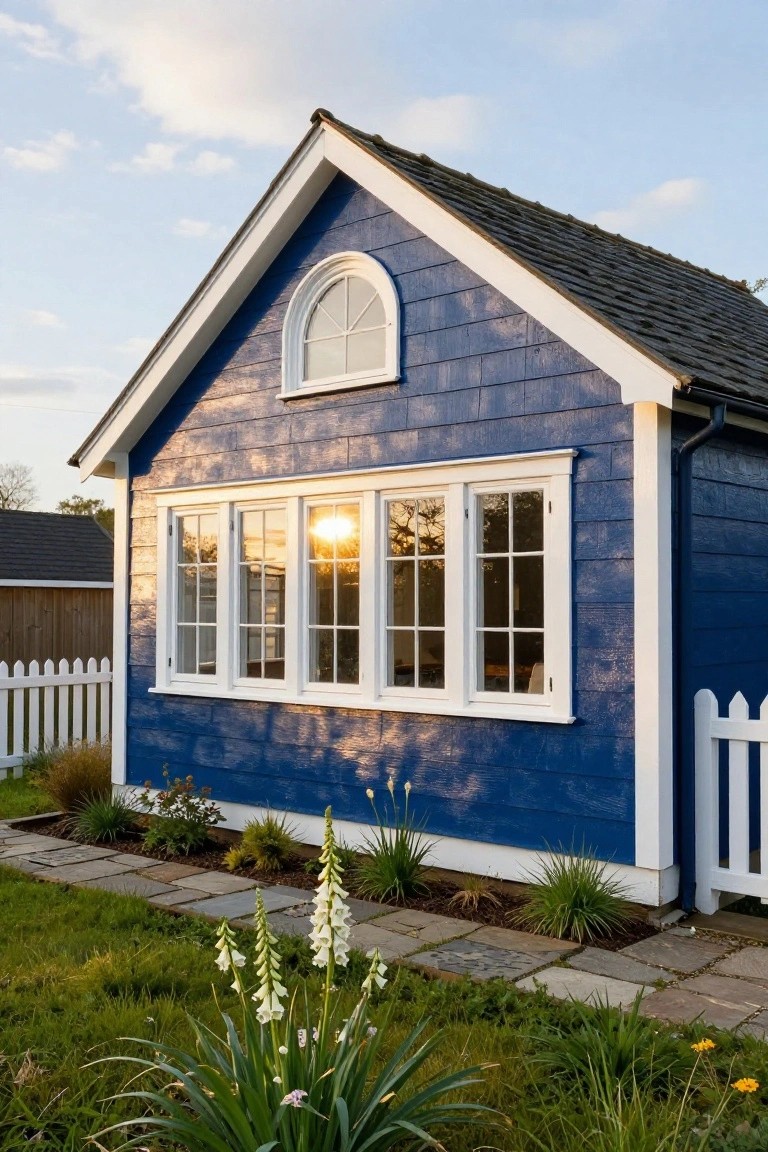 A small navy blue clapboard cottage house with white trim, gabled dark shingled roof, large multi-pane bay window, arched window in gable, white picket fence, stone pathway, and plants including foxgloves in the front yard.