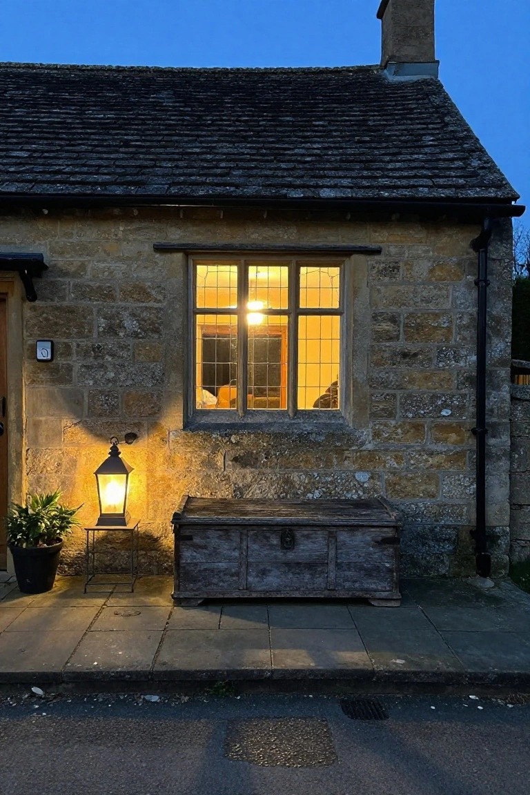 Stone cottage exterior at twilight with a glowing lantern on a metal stand next to a weathered wooden chest on a stone patio, warm light shining from a leaded window.