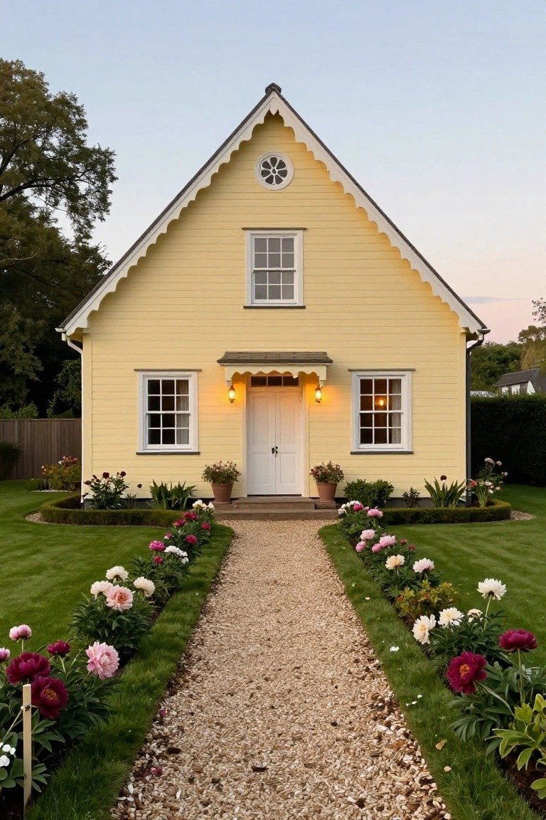 Pale yellow clapboard cottage with gabled roof and white trim, featuring a gravel path lined with pink, red, and white peony flowers leading to a white front door under a small porch, bordered by lawn and shrubs.