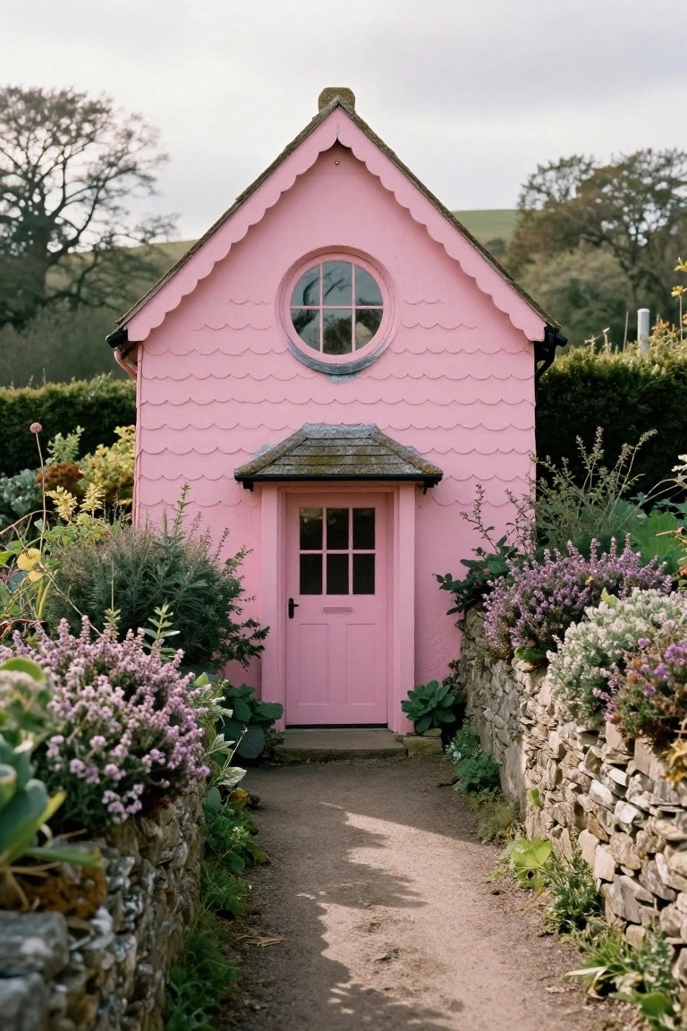 Small pink clapboard cottage with scalloped siding and roofline, round upper window, pink paneled door under a small porch, flanked by stone walls, dirt path, and purple heather shrubs.