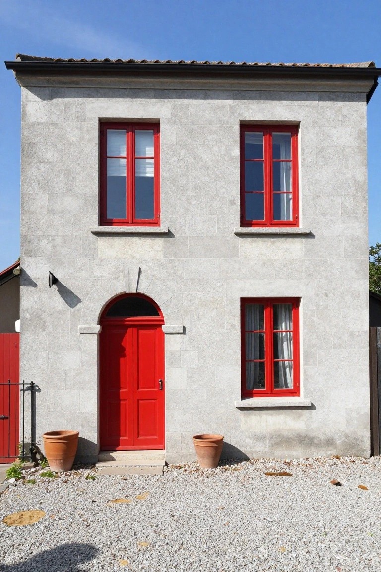 Two-story gray stone house with red window frames, red arched front door, and two terracotta pots on either side, set on a gravel driveway under a clear blue sky.