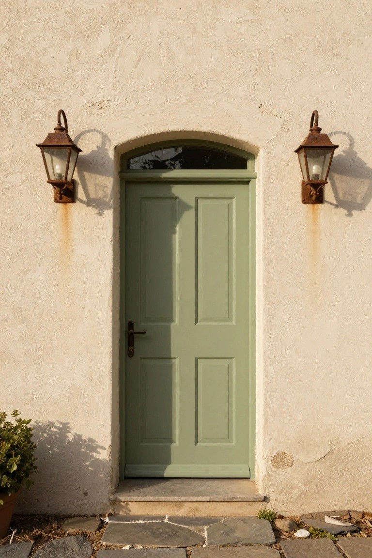 Beige stucco wall featuring a green paneled wooden door under an arched window, flanked by two rusty iron wall lanterns with lit bulbs, stone threshold, and irregular stone path with potted plant nearby.