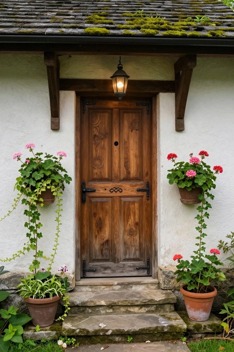 Rustic wooden door with lantern, potted flowers, and mossy stone steps.