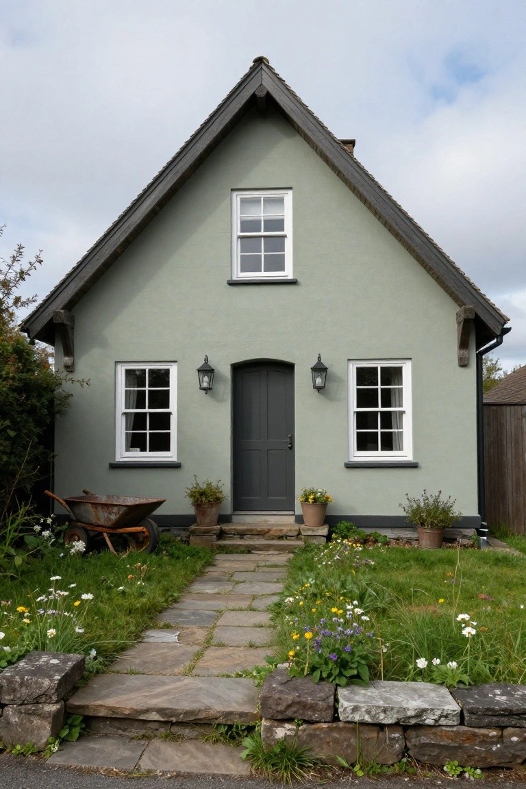 A light green cottage with dark gray door and stone pathway.