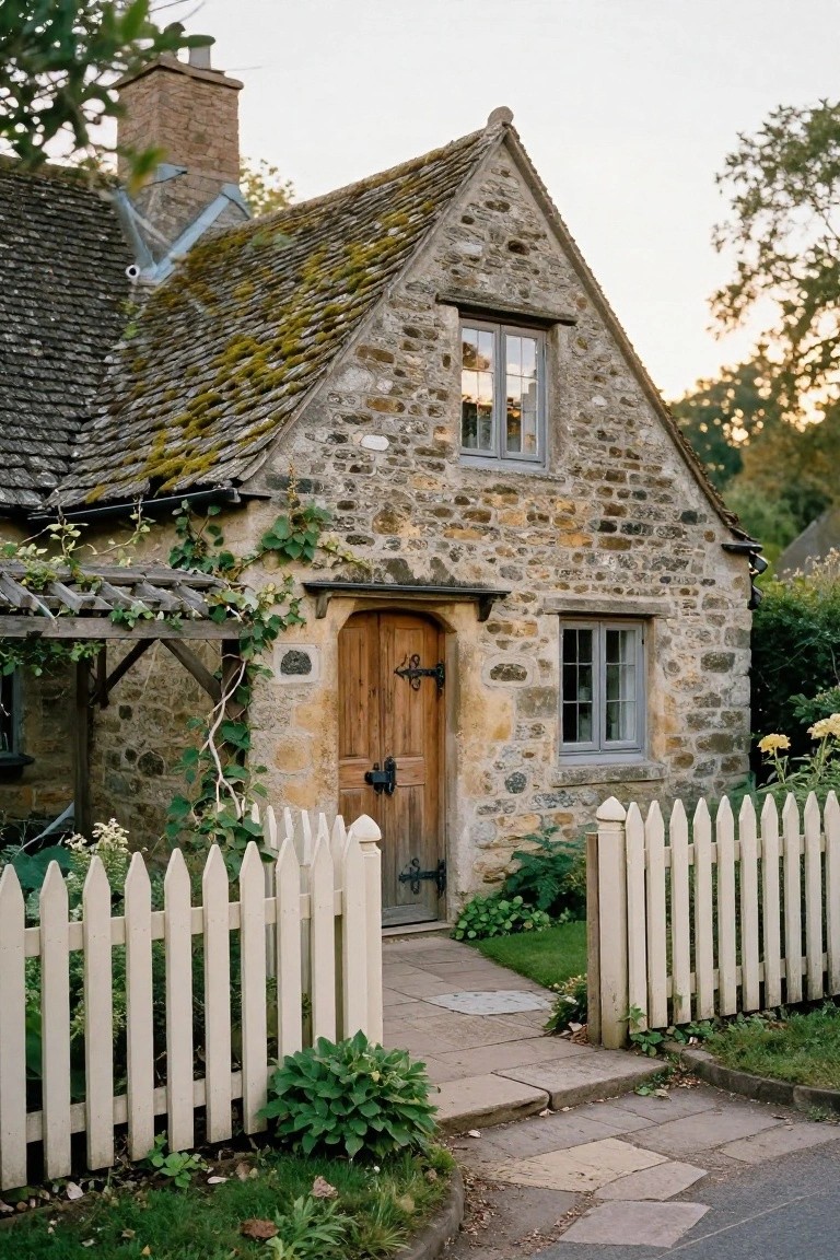Stone cottage exterior with mossy slate roof, climbing ivy on walls and porch, arched wooden door, white picket fence, garden plants, and stone pathway.
