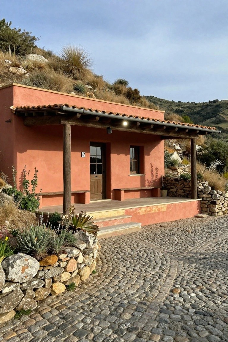Red stucco cottage with covered wooden porch, bench, and door elevated on steps beside a hillside, framed by curved stone retaining wall planted with succulents, agave, grasses, and boulders next to a cobblestone path.