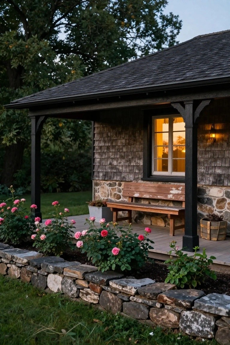 Shingle-clad cottage with black-trimmed covered porch, wooden bench, pink roses planted along a low stone retaining wall, and warm light from window and lantern at dusk.