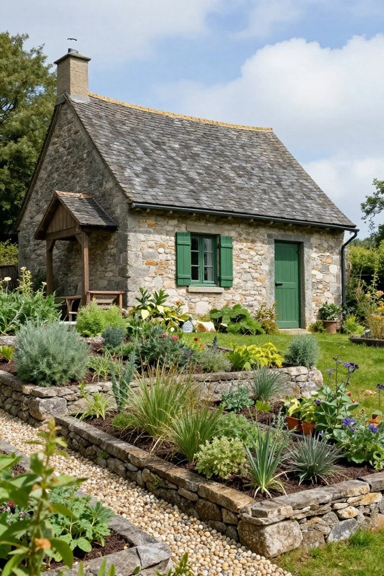 Small stone cottage with slate roof, green shutters and door, surrounded by terraced raised stone planters filled with grasses, succulents and flowers, plus a gravel path.