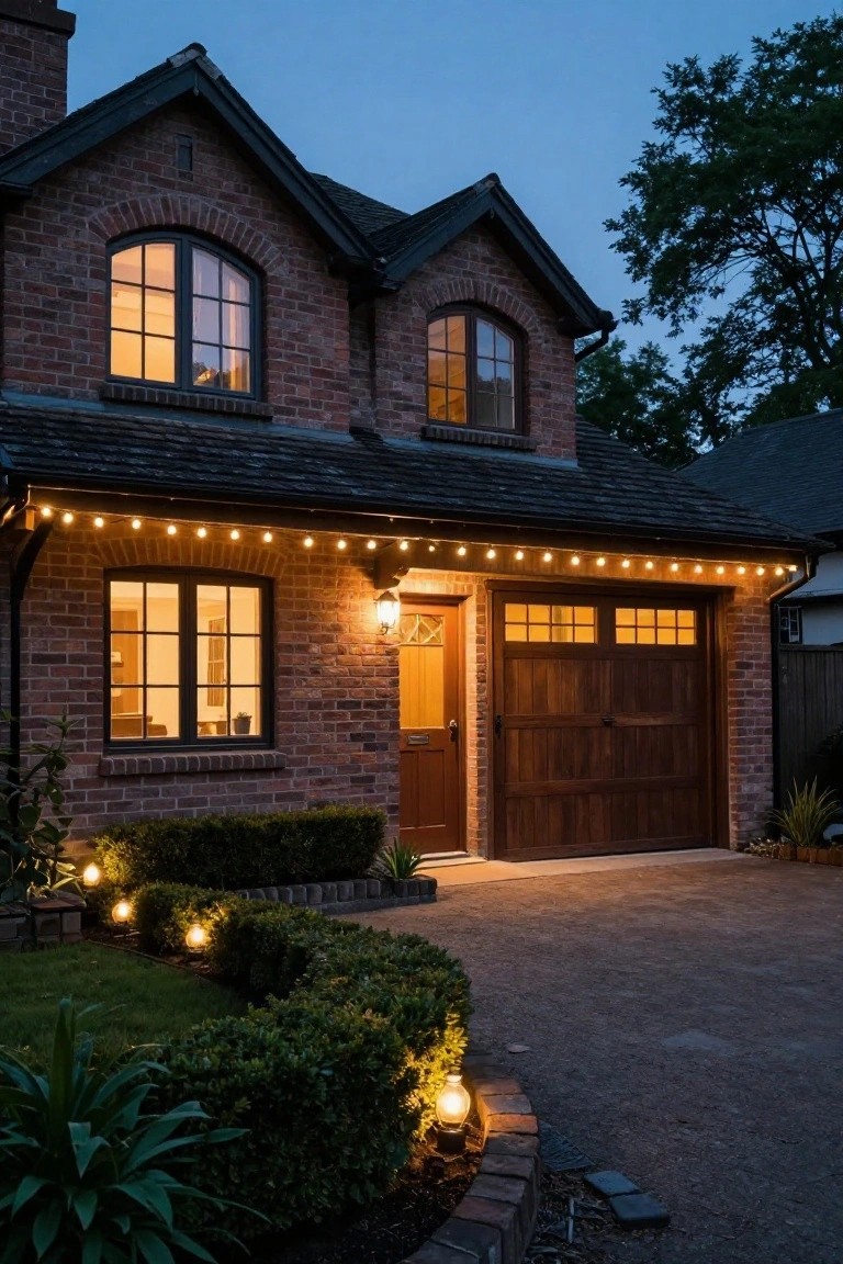 Two-story brick cottage house exterior at dusk with string lights draped along the front eaves, warm glow from windows and entry lantern, wooden garage door and front door, boxwood hedges, agave plants, and pathway lights.