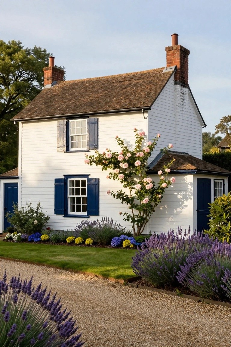 White weatherboard cottage house with navy blue shutters on windows and doors, pink rose bush against the wall, lavender garden beds along gravel driveway, brick chimneys on tiled roof.