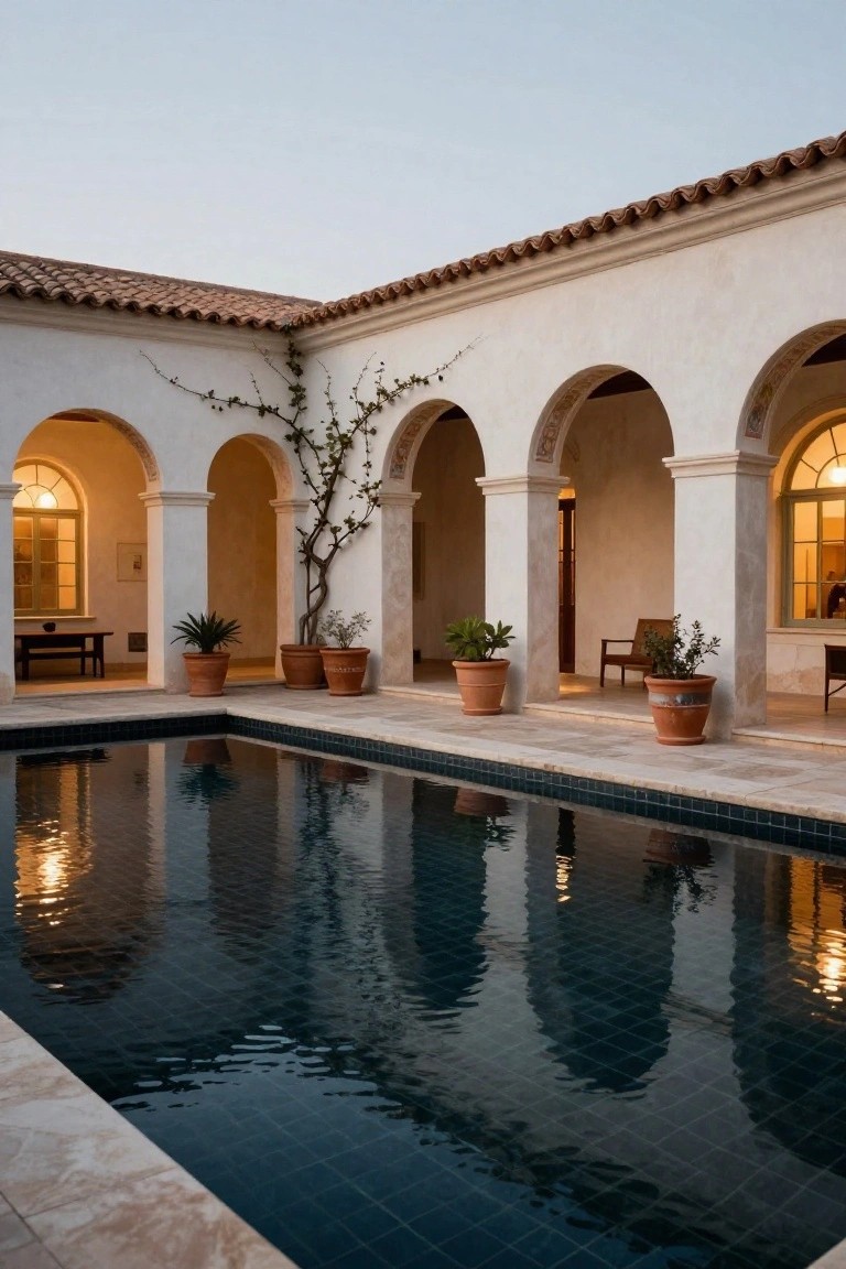 Serene courtyard with arched colonnade and dark reflecting pool.